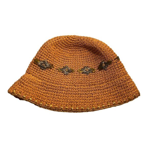 Women’s Beige Woven Paper Hat with Light Blue Flowers One Size Fits Most 12x8in - Picture 7 of 16